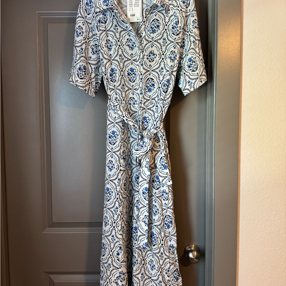 H&M White and Blue Midi Wrap Dress